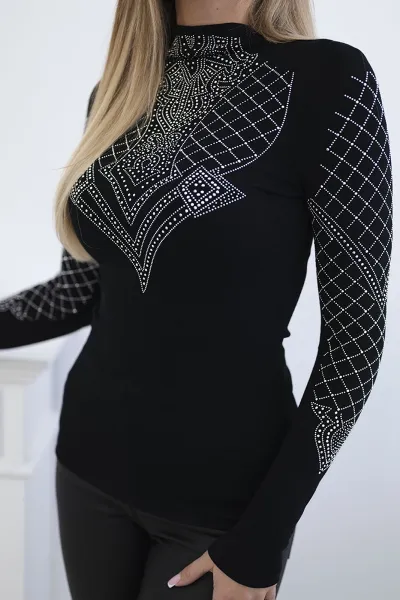 Viscose blouse decorated on neckline and sleeves black