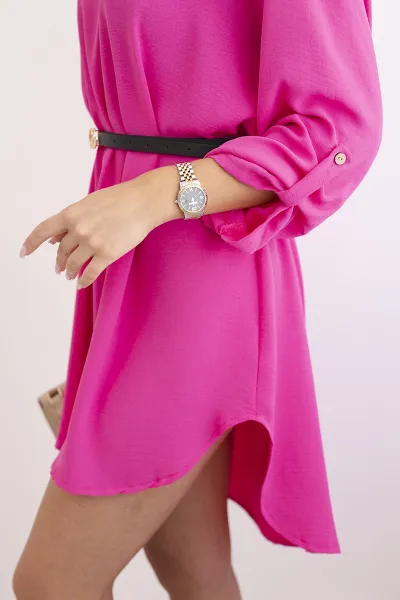 Women's dress with a longer back and belt - pink