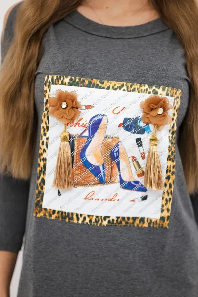Dress with 3D graphics and decorative pom pom graphite