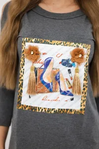 Dress with 3D graphics and decorative pom pom graphite