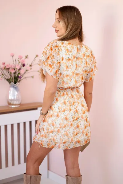 Floral dress with waist tie ecru