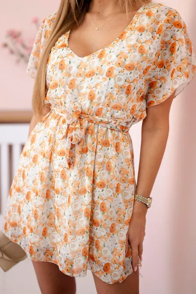 Floral dress with waist tie ecru
