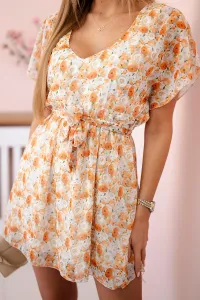 Floral dress with waist tie ecru