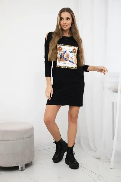 Dress with 3D graphics and decorative pom pom black