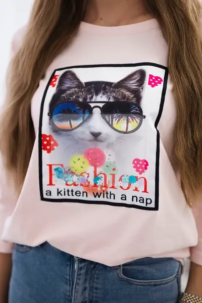 Blouse with cat graphics 3D powdered pinjk