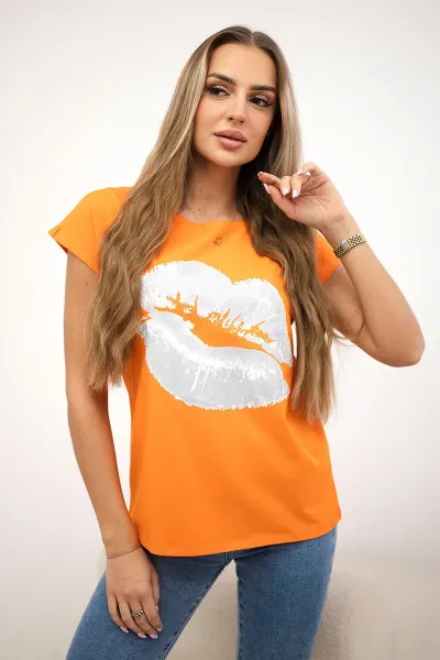 Blouse with orange lip print
