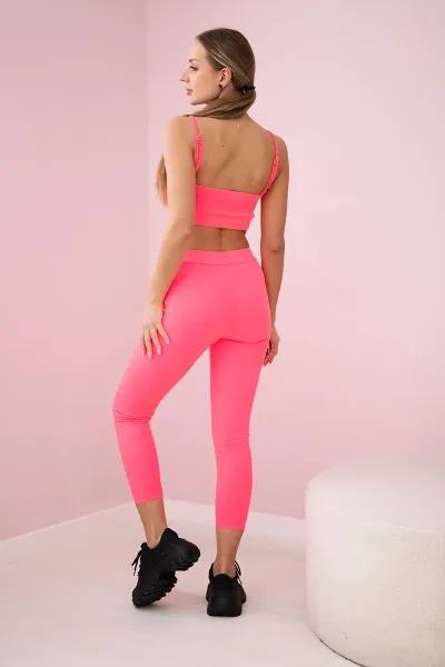 Striped top set with blouse pink neon