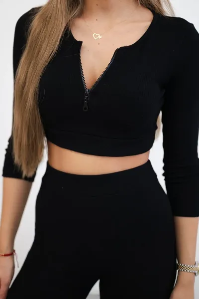 Ribbed crop top set in black
