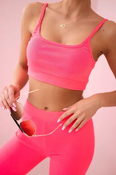 Striped top set with blouse pink neon