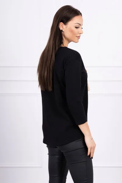 Blouse with 3D graphics and decorative pom pom black