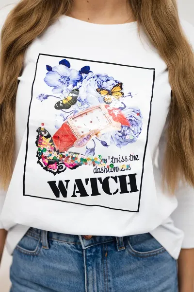 Blouse with 3D Watch white graphics