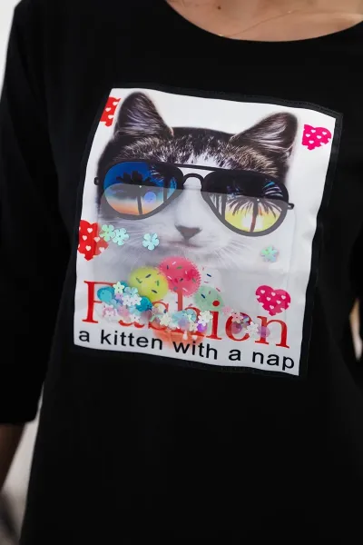 Cat Graphic Blouse 3D Black