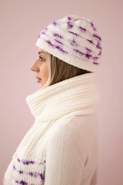 Women's set with scarf Anika K304 ecru + purple