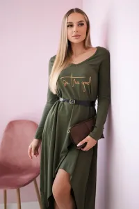Dress with decorative belt and khaki inscription