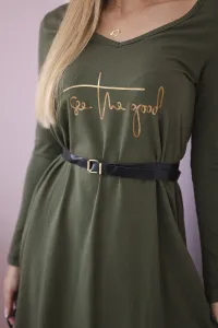 Dress with decorative belt and khaki inscription