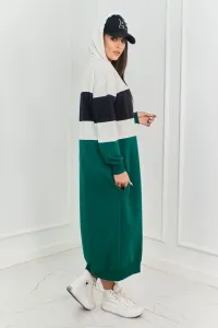 Three-color hooded dress ecru + black + dark green