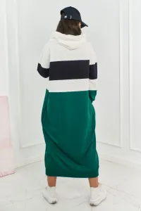 Three-color hooded dress ecru + black + dark green