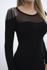 Viscose dress with decoration on one shoulder black
