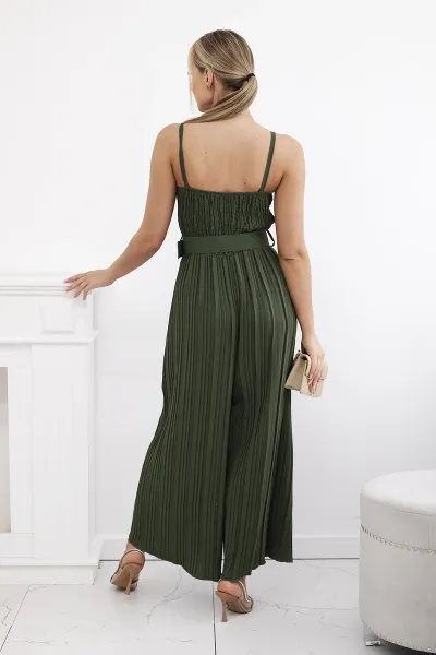 Pleated jumpsuit with khaki straps