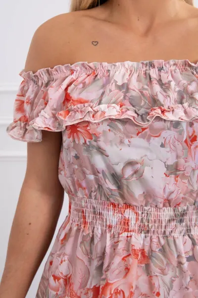 Floral shoulder dress in apricot color