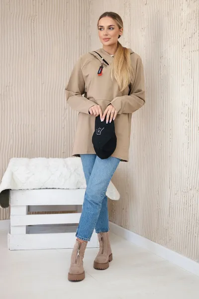 Tunic with zipper on hood Oversize camel