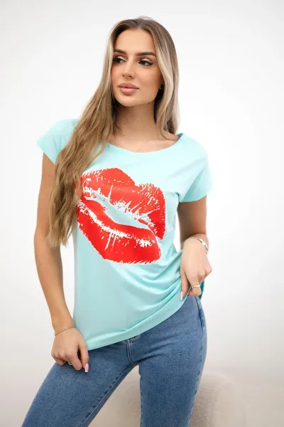 Blouse with mint lip print
