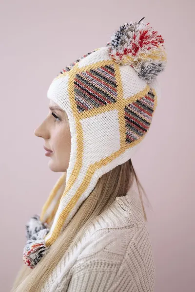 Women's cap with long ears Eunika K322 white+yellow