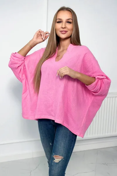 Cotton blouse with rolled up sleeves dark pink
