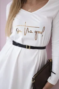 Dress with decorative belt and ecru inscription