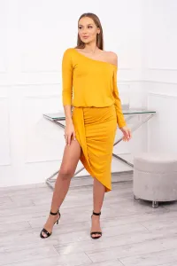 Asymmetrical dress, 3/4 mustard sleeve