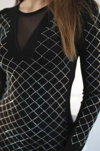 Knitted dress with a decorative pattern in black cubic zirconia