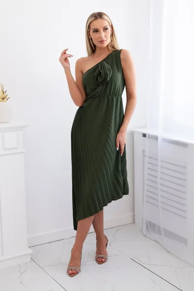 Women's pleated dress with flower - khaki