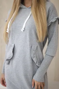 Dress with decorative ruffles and a hood in gray color