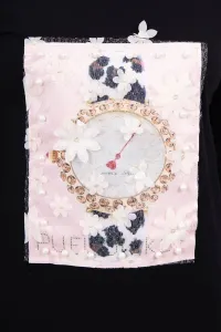 Dress with 3D graphics with pearls black