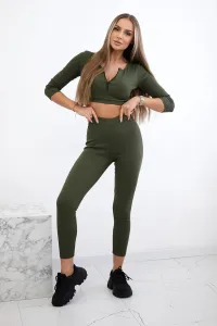 Ribbed crop top set in khaki color