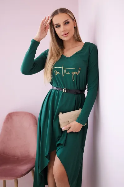 Dress with decorative belt and inscription dark green