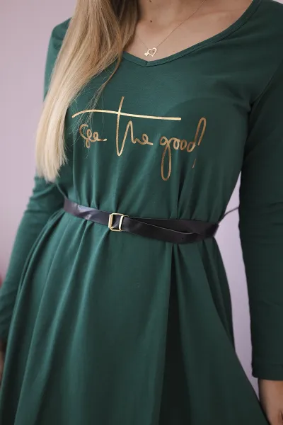 Dress with decorative belt and inscription dark green