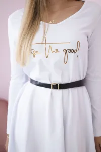 Dress with decorative belt and white inscription