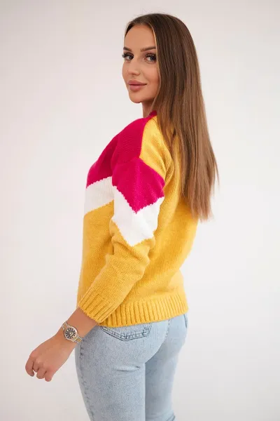 Sweater with geometric fuchsia + mustard patterns