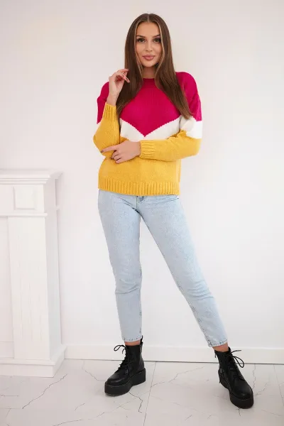 Sweater with geometric fuchsia + mustard patterns