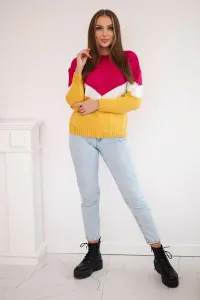Sweater with geometric fuchsia + mustard patterns