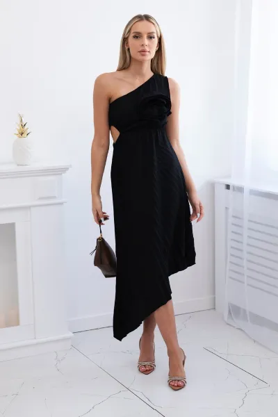 Women's pleated dress with flower - black