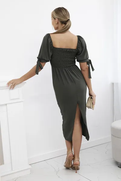 Women's dress gathered at the back with a sleeve with ties - khaki