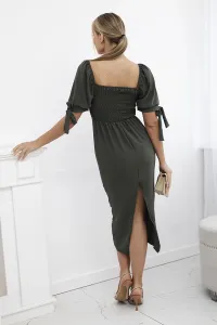 Women's dress gathered at the back with a sleeve with ties - khaki