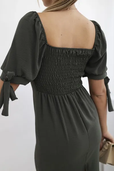 Women's dress gathered at the back with a sleeve with ties - khaki