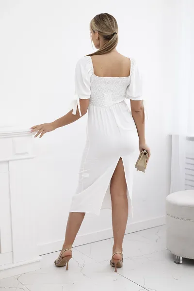 Women's dress gathered at the back with tied sleeves - white