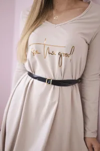 Dress with decorative belt and inscription beige