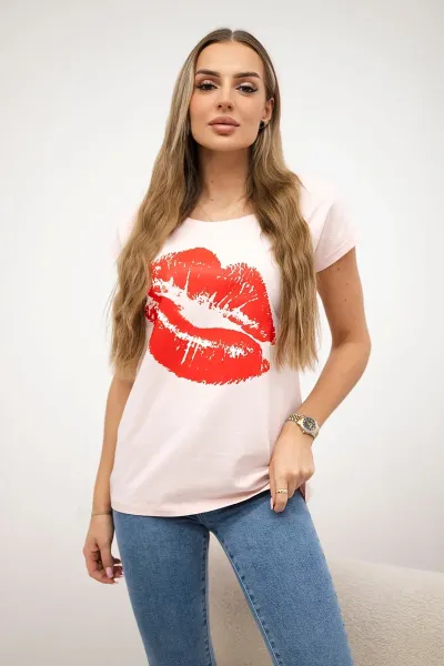 Blouse with lip print powder pink