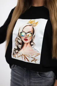 Blouse with graphics of a girl in glasses 3D black