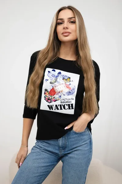 Blouse with 3D Watch graphics black